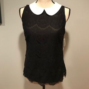 NWT INC Black Lace Top w/ White Peter Pan Collar